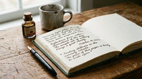 Linen journal and brass fountain pen on weathered cedar table