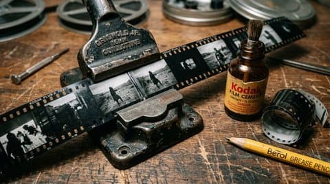 Vintage guillotine film splicer and celluloid negative on workbench