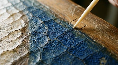 Aged Flemish oil painting craquelure under conservation microscope