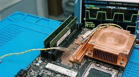 DDR5 memory bus differential oscilloscope probes on server motherboard