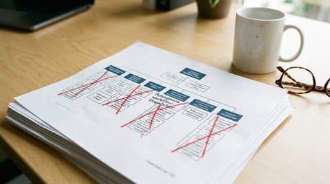 Corporate organization chart with crossed-out junior positions