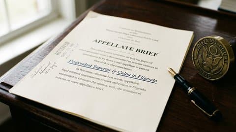 Appellate brief and brass judicial desk seal on mahogany desk