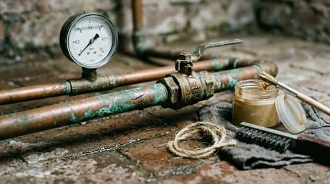 Ruptured brass ball valve and corroded copper coupling with verdigris patina on damp cellar floor