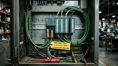 Open heavy industrial steel electrical cabinet showing DIN rail PLC modules with Profinet copper cabling