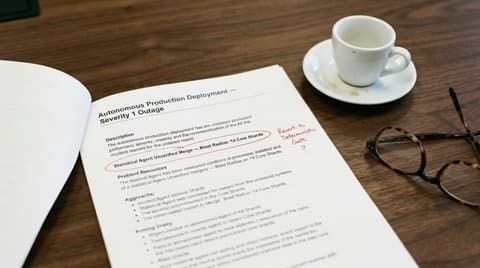 Incident post-mortem report on boardroom table showing unverified statistical agent merge